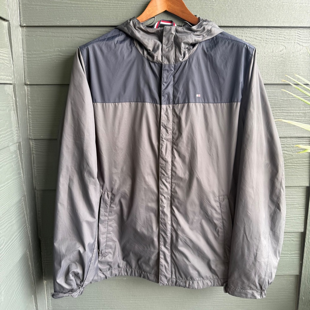 Tommy Hilfiger Hooded Windbreaker Jacket Gray Mesh Lined Full Zip Men's M